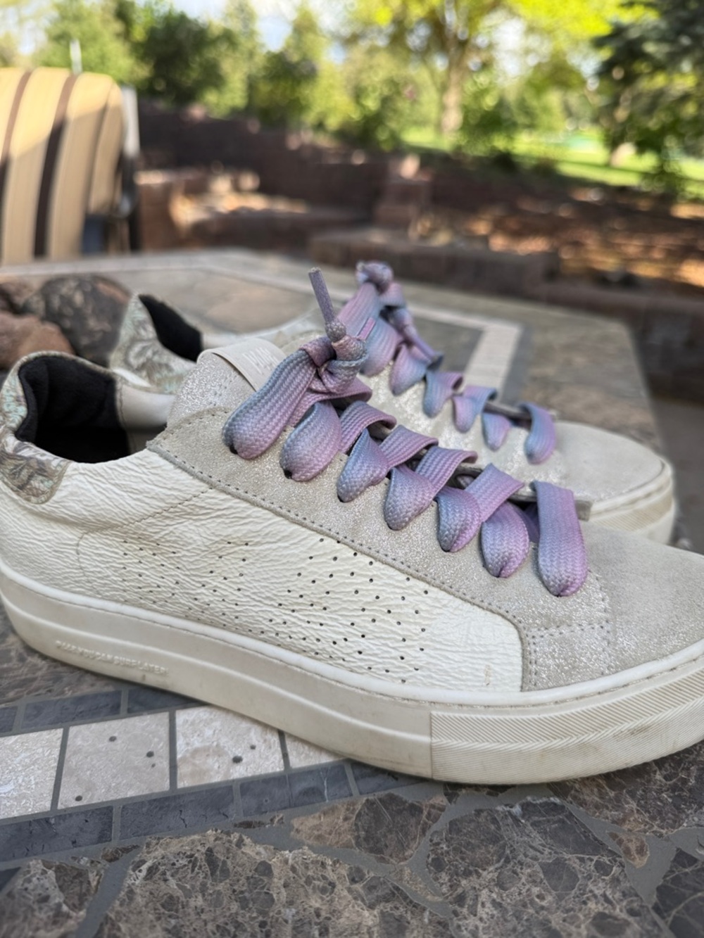 P448 White Leather Sneakers with Iridescent Purple-Pink Laces